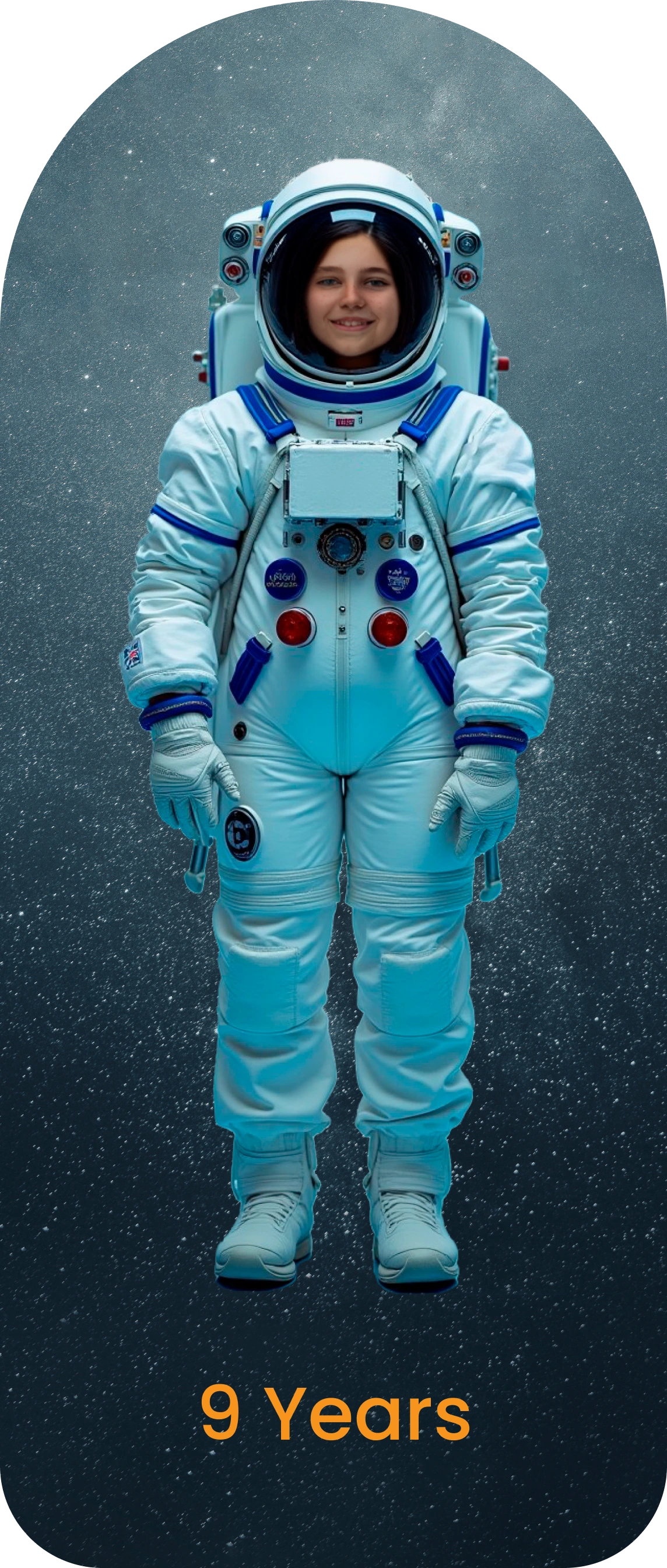 9 years old Space Academy intern in an astronaut suit